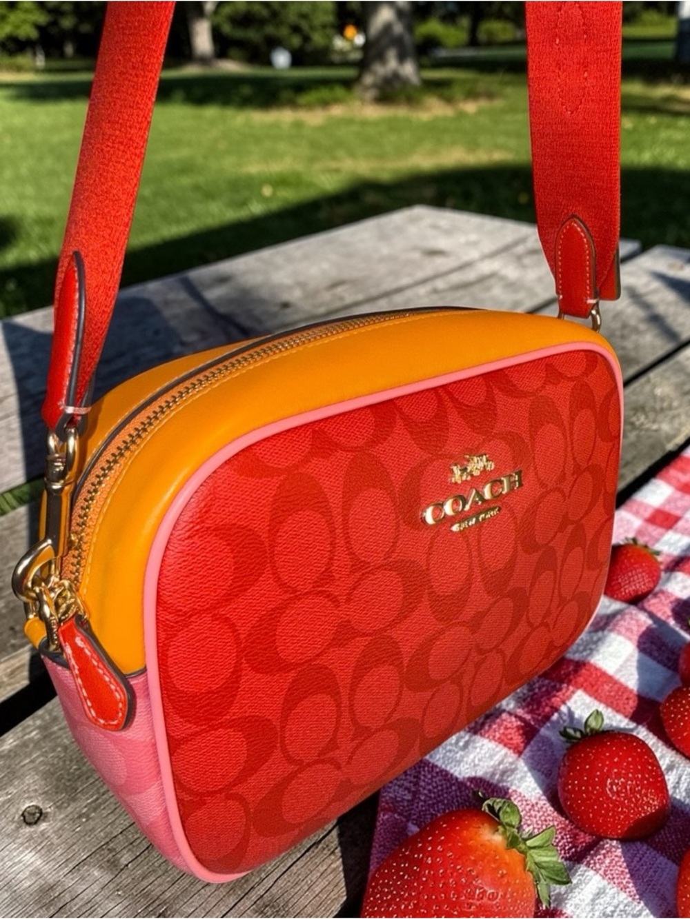 Coach Jamie Colorblock Signature Camera Crossbody Red Pink Orange Gold Hardware - Picture 4 of 12